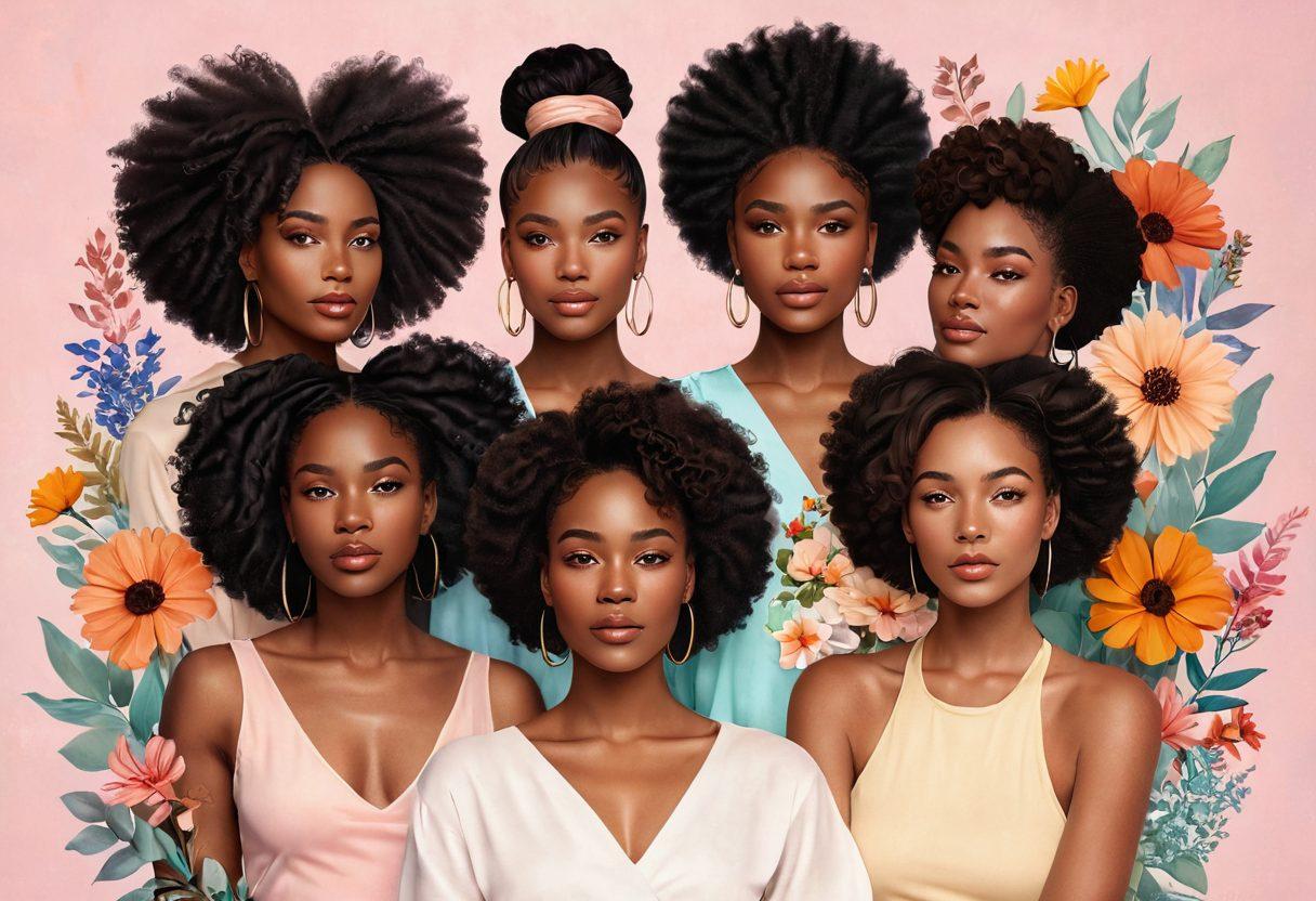 A diverse group of Black women embracing their natural beauty, each showcasing different hairstyles and makeup styles, surrounded by vibrant flowers symbolizing empowerment and self-love. The background features soft pastel colors to enhance a warm, uplifting vibe, with delicate hand-drawn elements adding creativity. super-realistic. vibrant colors. soft pastel background.