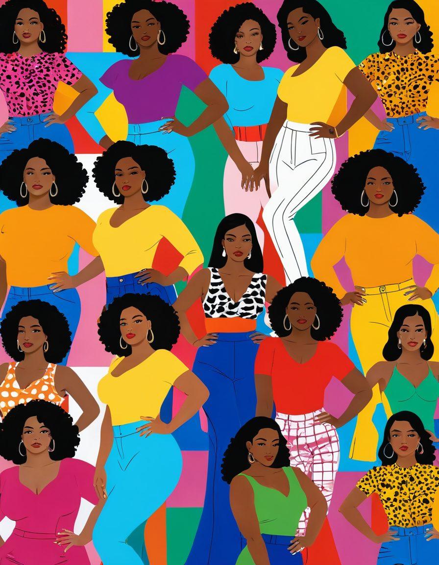 A vibrant collage showcasing diverse models of various body shapes and ethnicities, confidently wearing stylish clothing that embraces their curves. The background features iconic symbols of pop culture, such as music notes, film reels, and fashion sketches, highlighting the inclusivity of style. Bright colors and dynamic poses bring energy to the scene, celebrating diversity and confidence. pop art. vibrant colors. modern design. bold outlines.