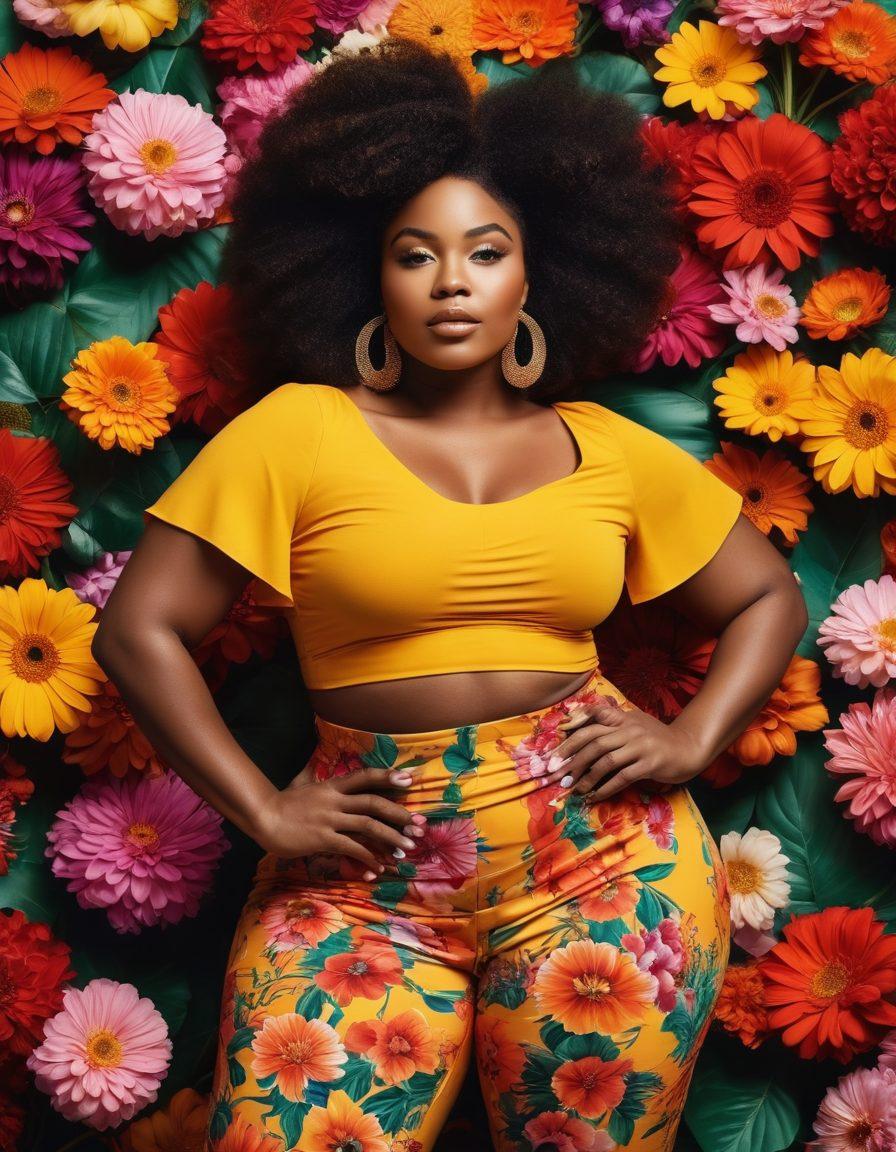 A radiant Afrocentric woman confidently flaunting her curves, surrounded by a diverse group showcasing various body types, celebrating beauty in all forms. The background features blooming flowers in rich, bold colors, symbolizing growth and self-love. Incorporate affirming quotes about body positivity and black beauty trends artistically integrated into the scene. The overall vibe should be uplifting and empowering. vibrant colors. super-realistic. floral elements.